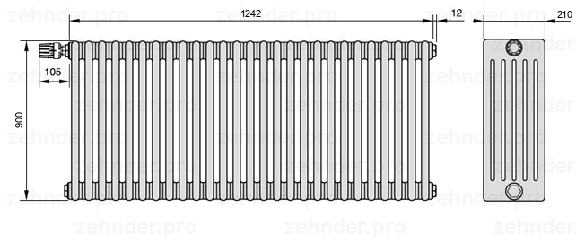Схема (чертеж) Радиатор Zehnder Charleston 6090/27 №V012 Белый глянцевый RAL 9016